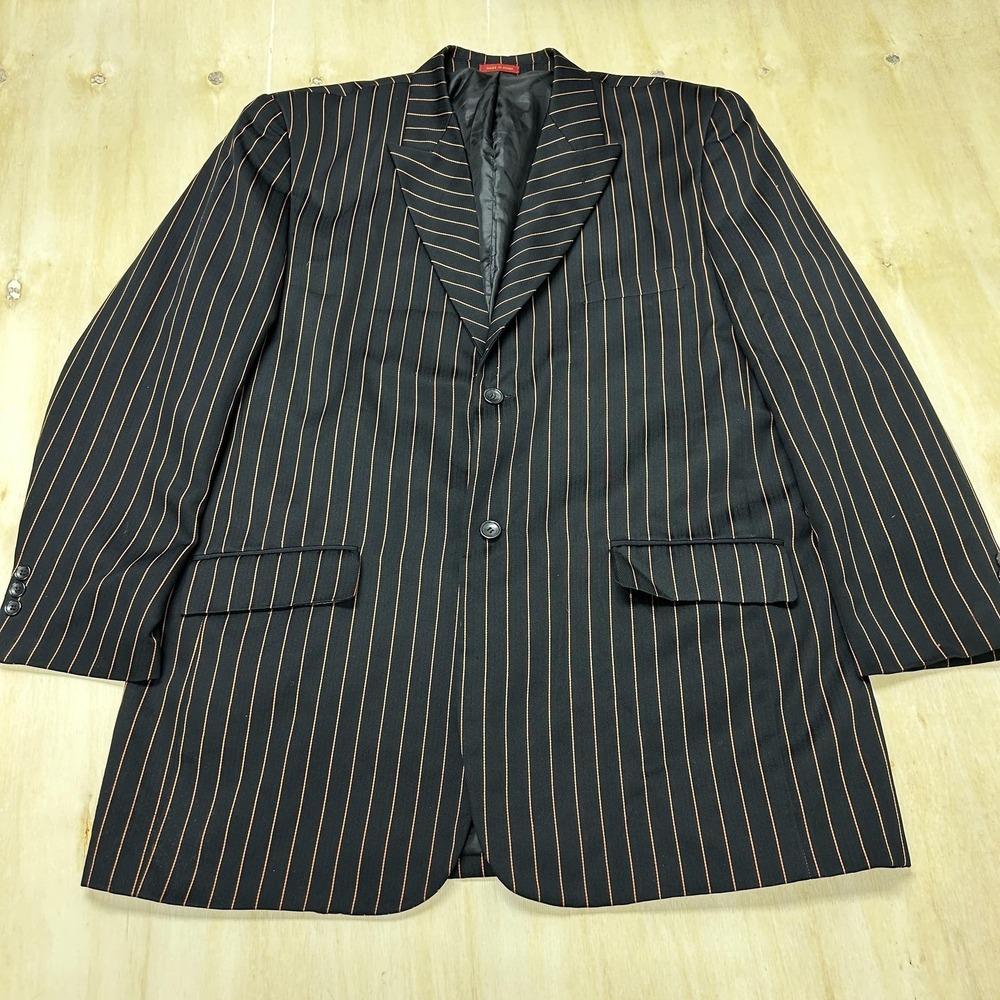 Vitaliano Blazer Mens 46L Black Orange Pinstripe Peak Lapel Suit Jacket Classic